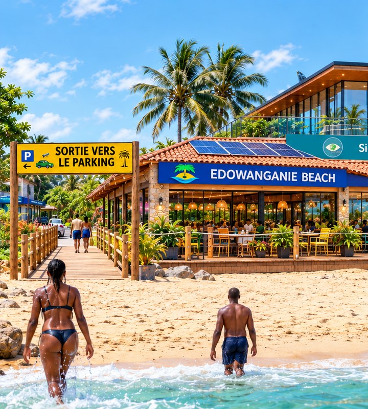 Vision — passerelle en bois recouvrant entièrement le canal de drainage modernisé, panneau Sortie vers le parking, Edowanganie Beach et Mirador Tropicana vus de la plage