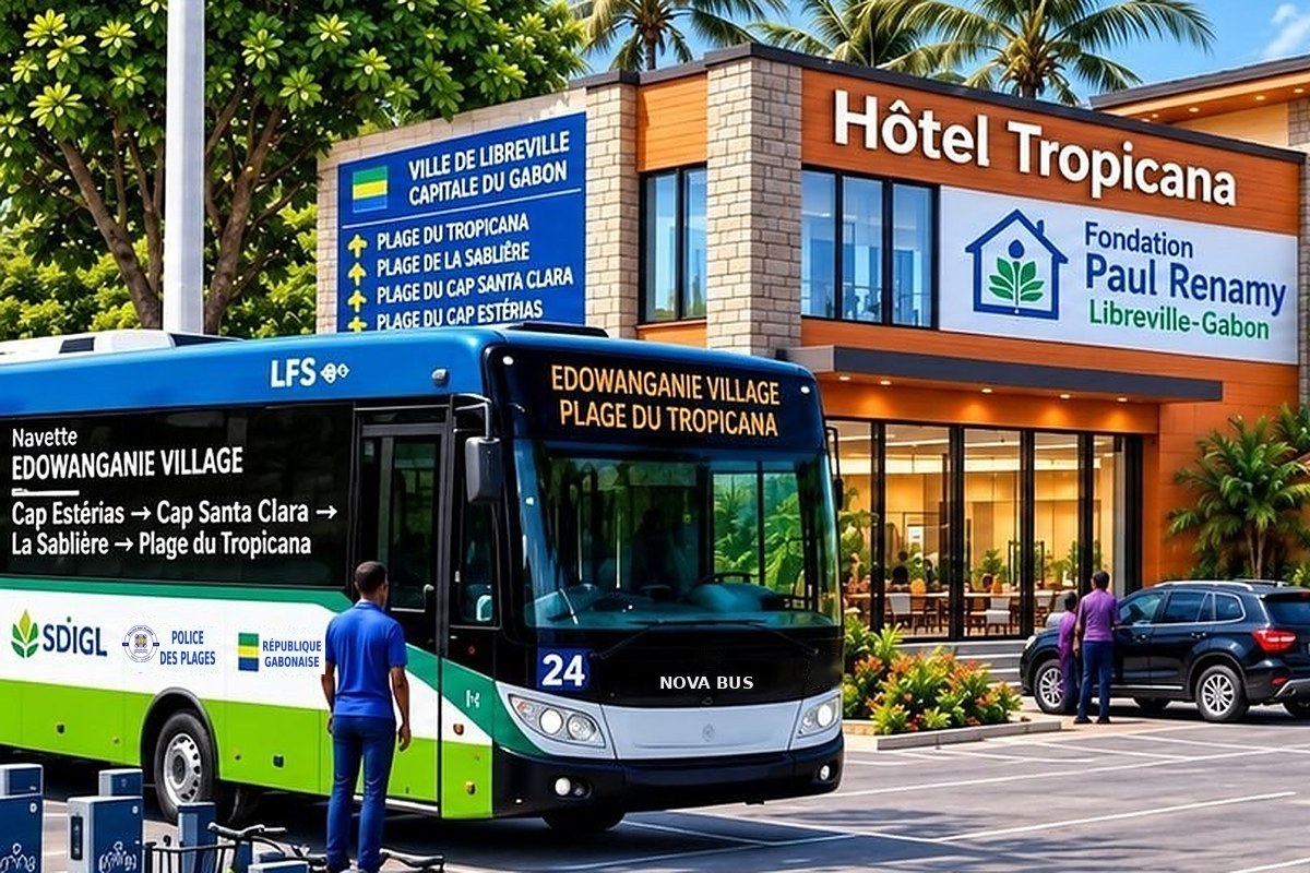 Entrée réaménagée de l'Hôtel Tropicana — enseigne de la Fondation Paul Renamy, navette Edowanganie Village, signalétique municipale et stationnement vélo