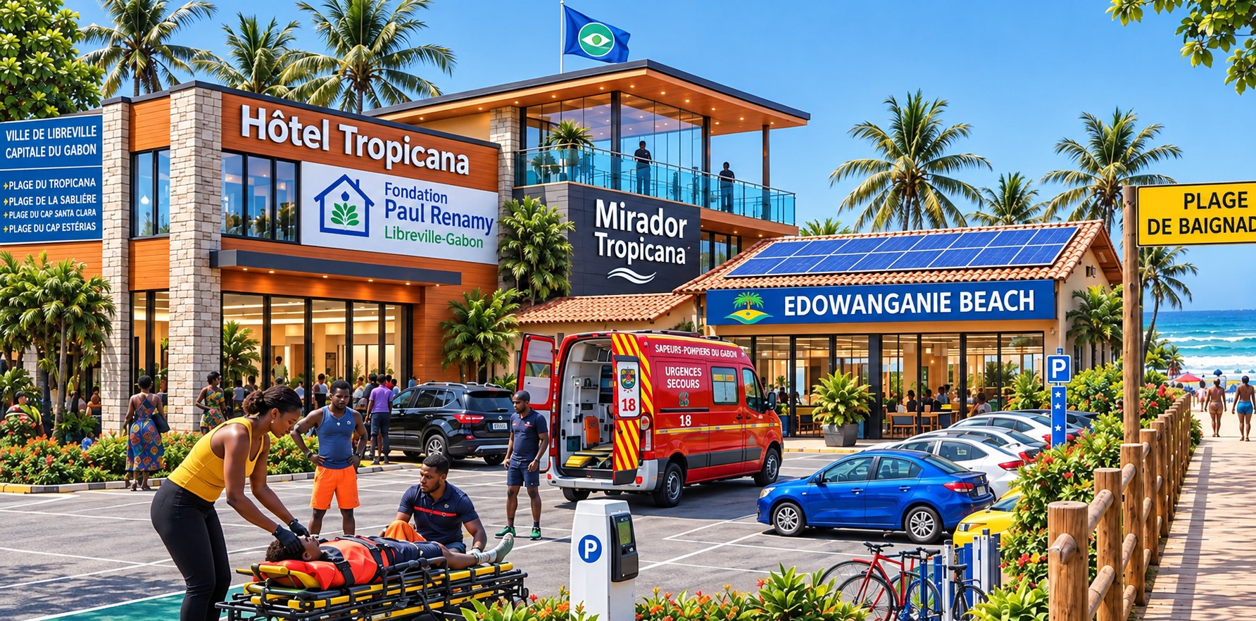 Projection SDIGL : dans le parking de l'Hôtel Tropicana, des secouristes prennent en charge une victime sur un brancard, ambulance des Sapeurs-Pompiers du Gabon portes ouvertes, Edowanganie Beach et la plage en arrière-plan