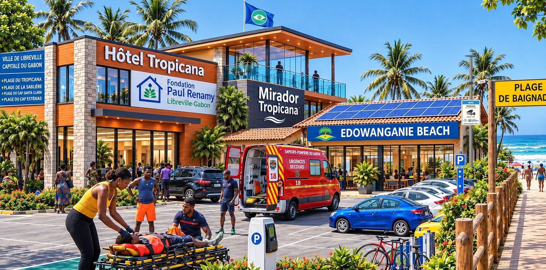 Projection SDIGL : dans le parking de l'Hôtel Tropicana, des secouristes prennent en charge une victime sur un brancard, ambulance des Sapeurs-Pompiers du Gabon portes ouvertes, Edowanganie Beach et la plage en arrière-plan