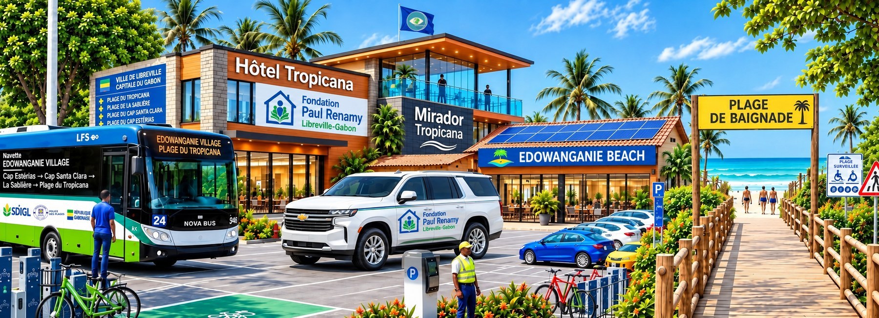 SUV blanc de la Fondation Paul Renamy garé devant l'entrée de l'Hôtel Tropicana