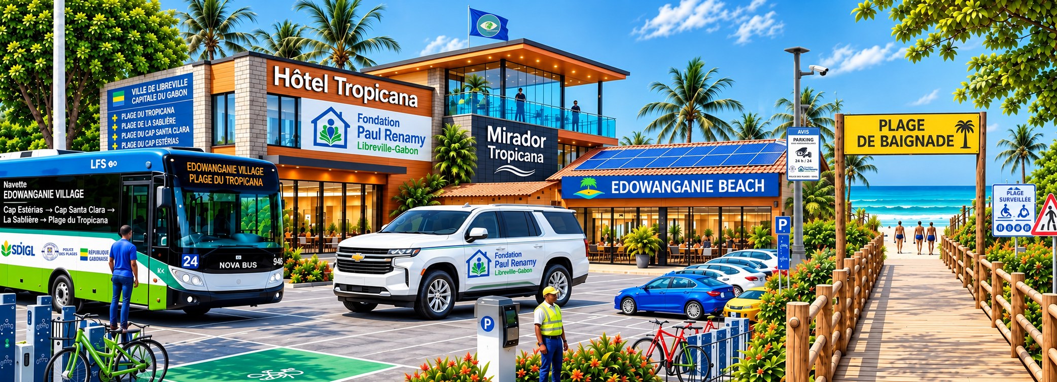 SUV blanc de la Fondation Paul Renamy garé devant l'entrée de l'Hôtel Tropicana