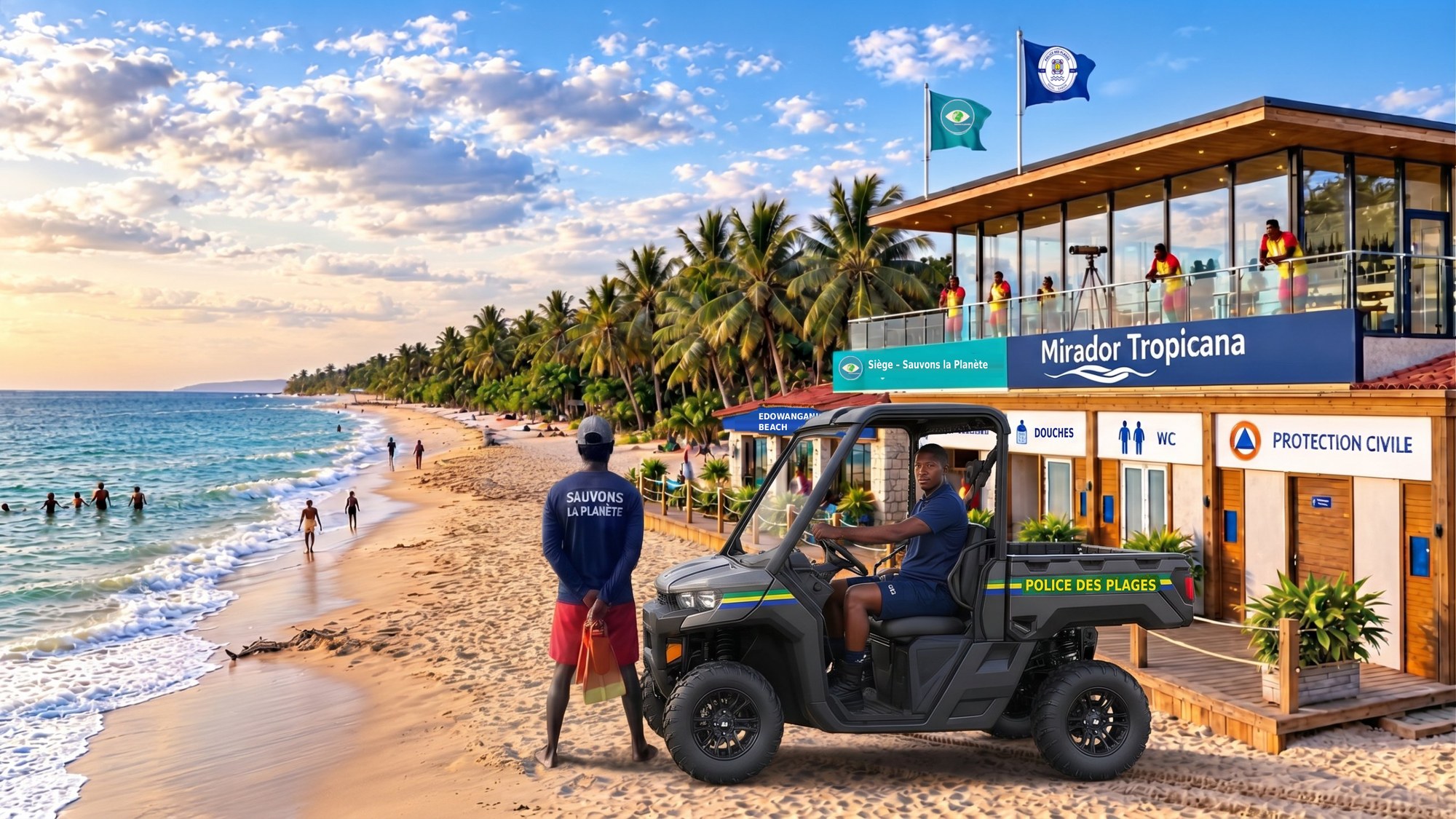 Véhicule tout-terrain de patrouille Police des Plages sur le sable devant le Mirador Tropicana, un nageur-sauveteur de Sauvons la Planète surveillant la baignade