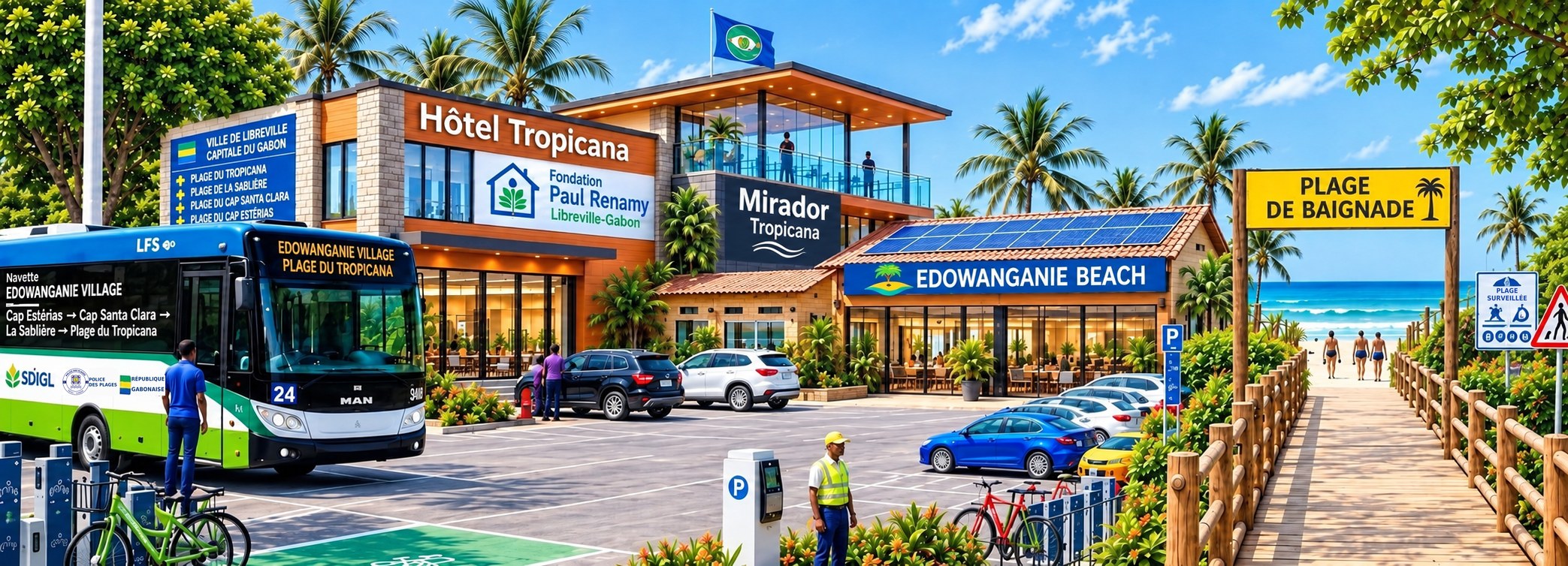 Vue depuis le parking : panneau municipal Ville de Libreville, Hôtel Tropicana, Fondation Paul Renamy, Mirador, Edowanganie Beach, navette et accès à la plage de baignade