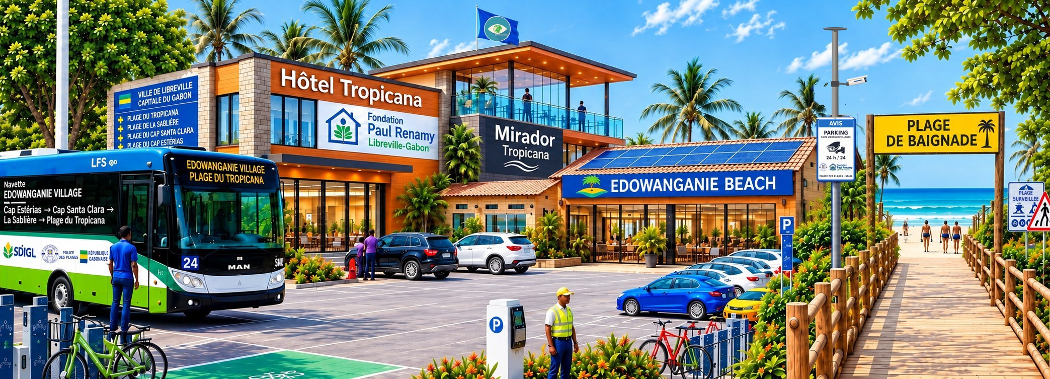 Vue depuis le parking : panneau municipal Ville de Libreville, Hôtel Tropicana, Fondation Paul Renamy, Mirador, Edowanganie Beach, navette et accès à la plage de baignade