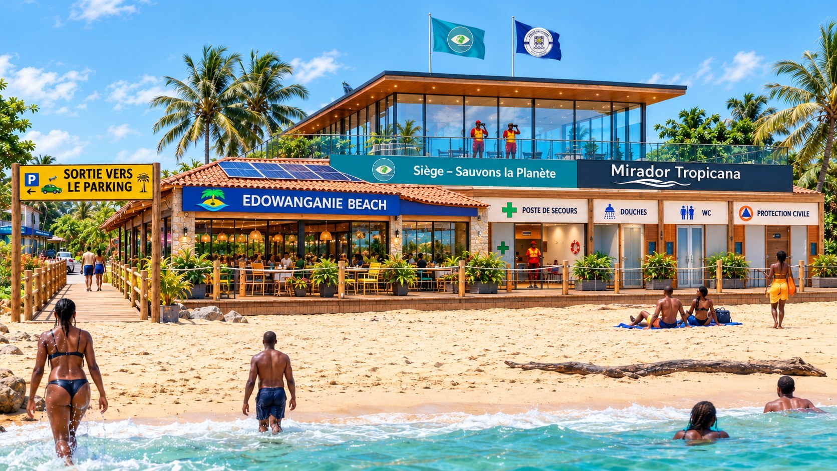 Vue depuis la plage : Mirador Tropicana, siège de Sauvons la Planète, poste de secours de la Police des Plages, Edowanganie Beach et panneau Sortie vers le parking